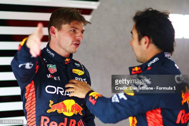 Sprint winner Max Verstappen of the Netherlands and Oracle Red Bull Racing and Second placed Sergio Perez of Mexico and Oracle Red Bull Racing talk...