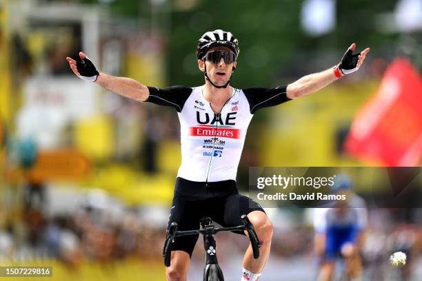 Adam Yates of United Kingdom and UAE Team Emirates celebrates at finish line as stage winner ahead of Simon Yates of United Kingdom and Team...