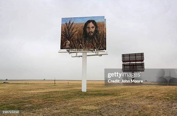 Billboard "Jesus in the Wheat" stands alongside Interestate 70 on August 24, 2012 in Colby, Kansas. The billboard was erected by local residents...