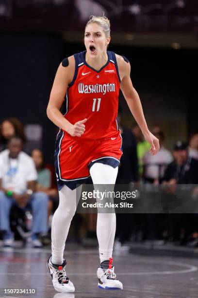 Elena Delle Donne of the Washington Mystics reacts during the second half against the Atlanta Dream at Gateway Center Arena on June 30, 2023 in...