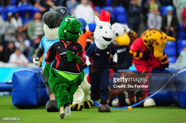 The Glamorgan Dragons mascot races away to win the Mascots race before the Friends Life T20 Semi Final between Hampshire and Somerset at SWALEC...