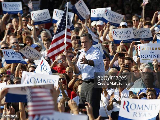 Presumptive Republican presidential nominee, former Massachusetts Governor Mitt Romney, speaks to supporters on August 25, 2012 in Columbus Grove,...