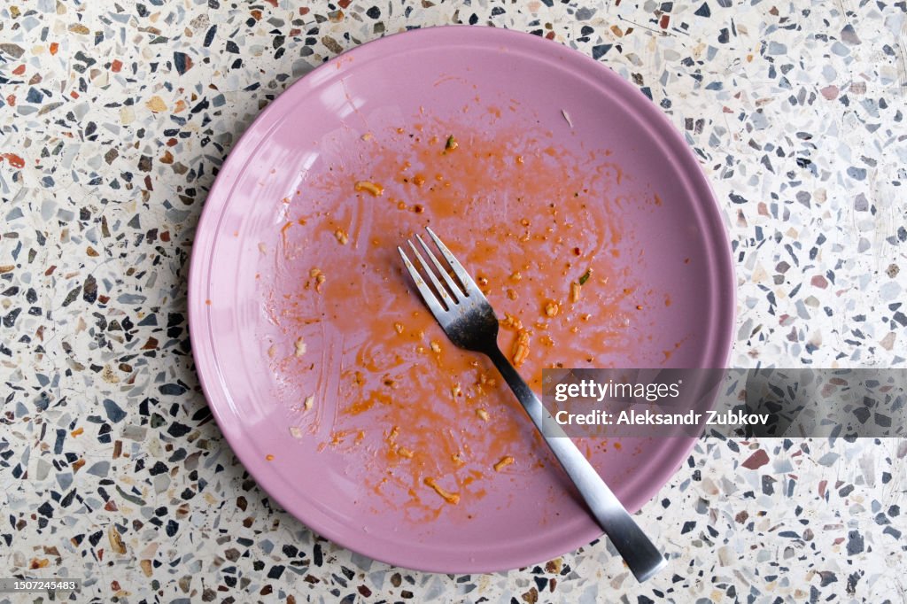A dirty empty plate and fork on a wooden kitchen or dining table. Cutlery is used, symbolizing the end of lunch or dinner. A portion of food eaten, overeating.