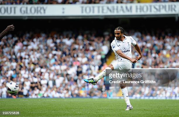 Benoit Assou-Ekotto of Tottenham Hotspur scores the opening goal during the Barclays Premier League match between Tottenham Hotspur and West Bromwich...
