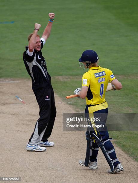 Steve Kirby of Somerset celebrates dismissing James Adams of Hampshire during the Friends Life T20 Semi Final match between Hampshire and Somerset at...