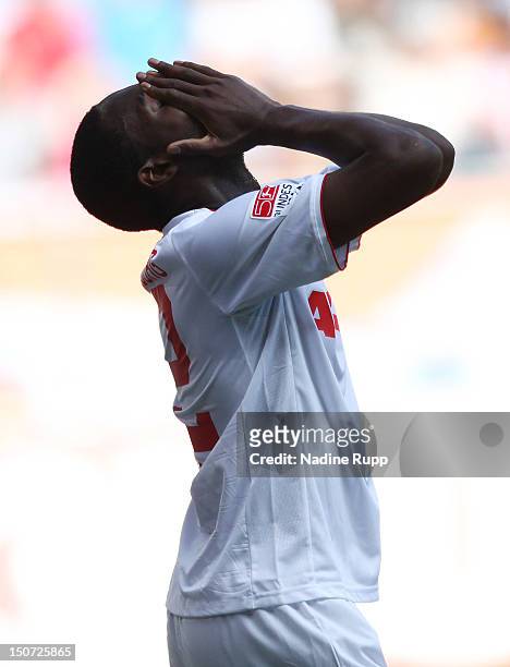 Gibril Sankoh of FCA reacts during the Bundesliga match between FC Augsburg and Fortuna Duesseldorf 1895at SGL Arena on August 25, 2012 in Augsburg,...