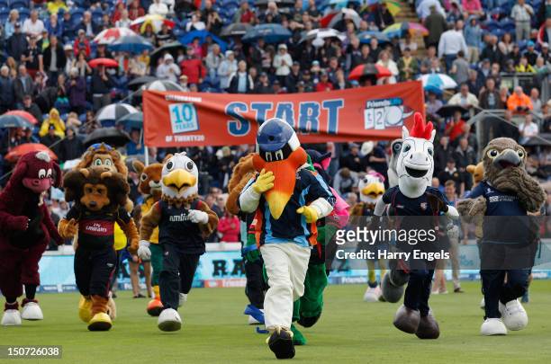 The team mascots compete in the annual mascot race prior to the Friends Life T20 Semi Final match between Hampshire and Somerset at the SWALEC...