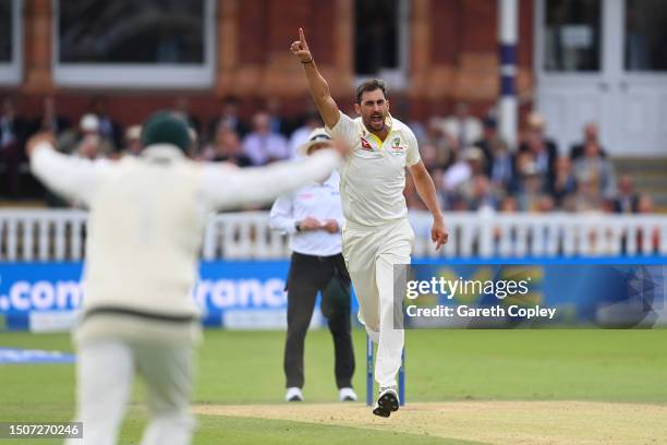 Mitchell Starc of Australia celebrates after bowling Ollie Pope of England during Day Four of the LV= Insurance Ashes 2nd Test match between England...