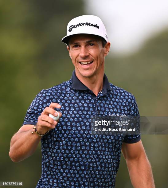 Thorbjorn Olesen of Denmark acknowledges the crowd on the 18th green during Day Three of the Betfred British Masters hosted by Sir Nick Faldo 2023 at...
