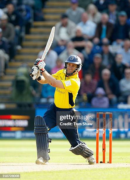 Simon Katich of Hampshire hits out during the Friends Life T20 Semi Final match between Hampshire and Somerset at SWALEC Stadium on August 25, 2012...