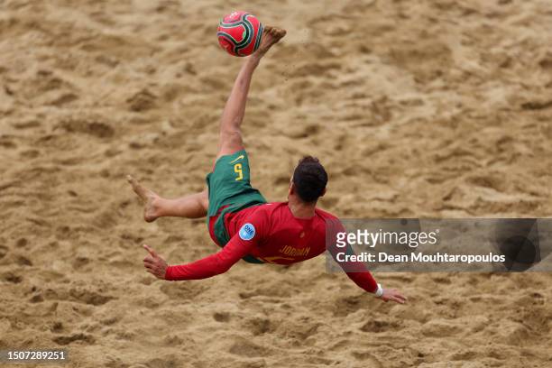 Jordan A. Santos of Portugal attempts an overhead kick during the Beach Soccer - Men's Bronze Medal Match on Day Twelve of the European Games 2023 at...