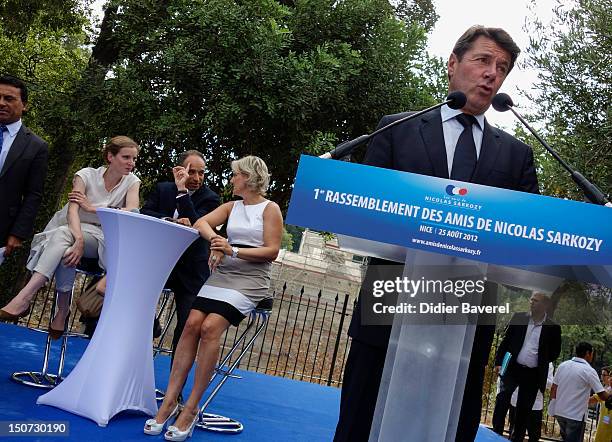 Former minister Nadine Morano , General secretary of UMP party , Jean Francois Cope and Nathalie Kosciusko Morizet on stage during the speech of...