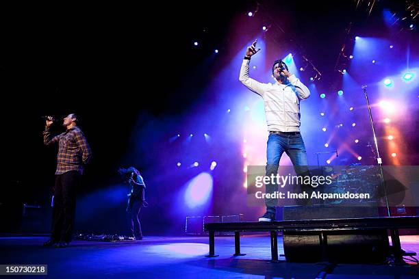 American rock band 311 performs onstage at Verizon Wireless Amphitheatre on August 24, 2012 in Laguna Hills, California.