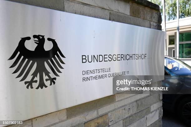 The entrance of the Federal Court of Justice is seen in Karlsruhe, southern Germany, on July 6, 2023. German police on July 6 arrested seven men they...