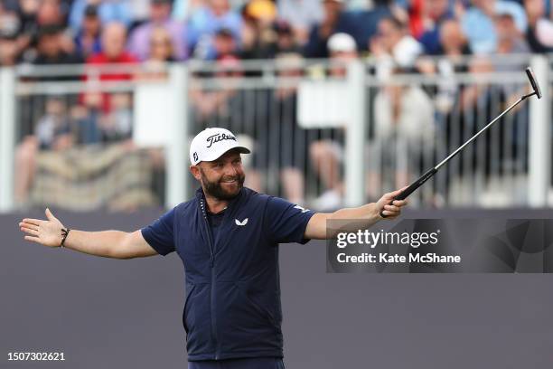 Andy Sullivan of England celebrates a birdie putt on the 18th green during Day Three of the Betfred British Masters hosted by Sir Nick Faldo 2023 at...