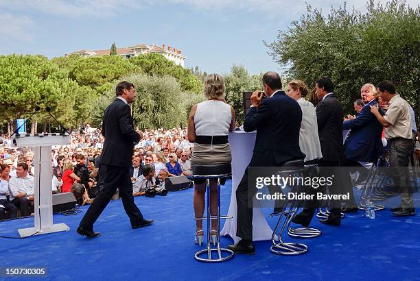 Christine Boutin, Nora Berra, Brice Hortefeux, Christian Estrosi, Nathalie Kosciusko Morizet, Jean Francois Cope and Nadine Morano on stage during...