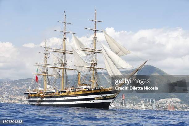 The historic training ship of the Italian Navy, Amerigo Vespucci, during its departure from the port of Genoa to embark on its around-the-world...