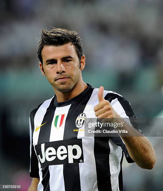 Andrea Barzagli of FC Juventus gives the thumbs up during the Serie A match between FC Juventus and Parma FC at Juventus Arena on August 25, 2012 in...