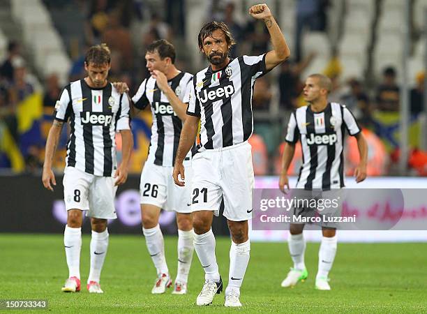 Andrea Pirlo of Juventus FC celebrates his goal during the Serie A match between Juventus and Parma FC at Juventus Arena on August 25, 2012 in Turin,...