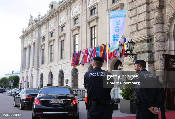 Security at the entrance to the 8th OPEC International Seminar at the Hofburg Palace in Vienna, Austria, on Wednesday, July 5, 2023. Oil rose as...