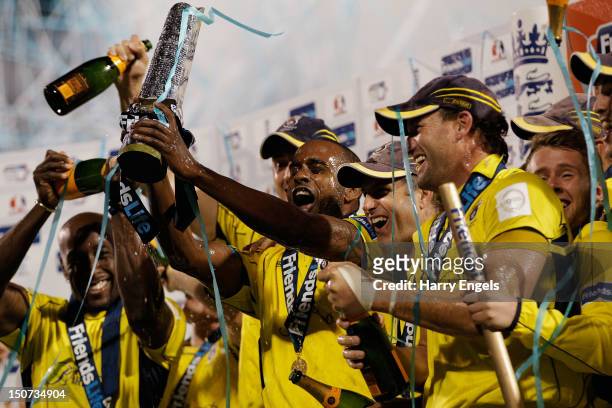 Hampshire captain Dimitri Mascarenhas lifts the trophy after Hampshire won the Friends Life T20 Final between Hampshire and Yorkshire at the SWALEC...