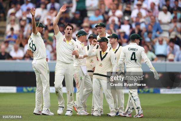 Pat Cummins of Australia celebrates after taking the wicket of Harry Brook of England during Day Four of the LV= Insurance Ashes 2nd Test match...
