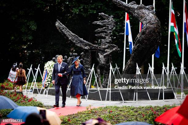 King Willem-Alexander of The Netherlands and Queen Maxima of The Netherlands attend the Keti Koti commemoration at the national slavery monument in...