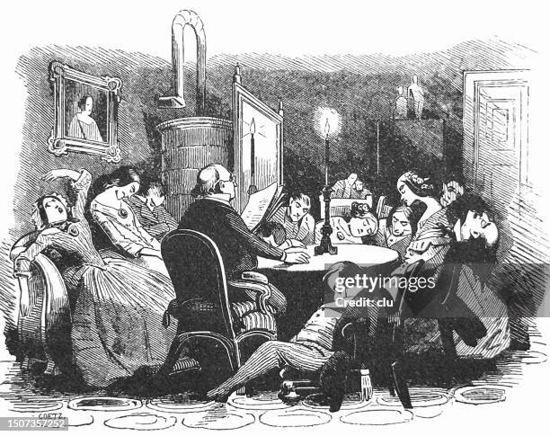 a little exciting lecture by a writer, most listeners around a round table have fallen asleep - archival images stock illustrations