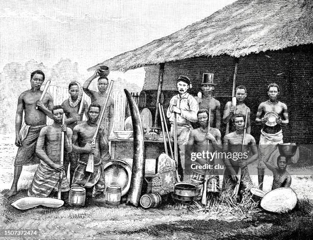 stockillustraties, clipart, cartoons en iconen met trading office in batanga, cameroon - kolonialisme