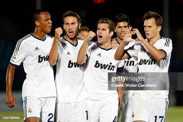 Denis Cheryschev , Nacho Fernandez, Pedro Mosquera and Fabio Henrique Tavares 'Fabinho' players of Real Madrid Castilla celebrates after scoring his...