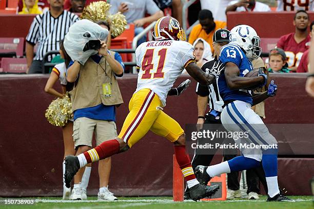 Hilton of the Indianapolis Colts scores a 31 yard touchdown against the Washington Redskins in the second quarter of a preseason game at FedExField...