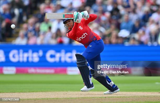 Sophia Dunkley of England bats during the Women's Ashes 1st Vitality IT20 match between England and Australia at Edgbaston on July 01, 2023 in...