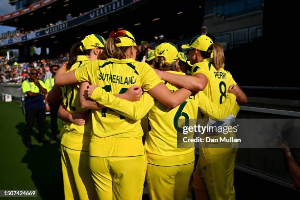 The Australia players huddle prior to the Women's Ashes 1st Vitality IT20 match between England and Australia at Edgbaston on July 01, 2023 in...