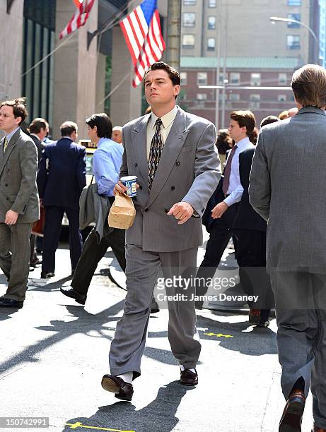 Leonardo DiCaprio filming on location for "The Wolf Of Wall Street" on Pine Street on August 25, 2012 in New York City.