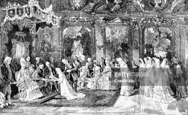 the distribution of dowries to poor girls at the villa borghese in rome - villa borghese stock illustrations
