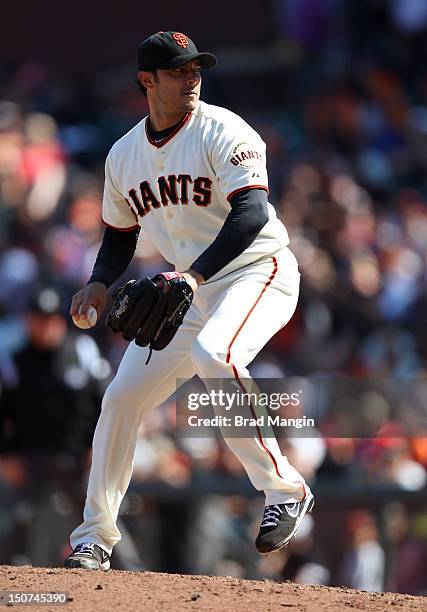 Clay Hensley of the San Francisco Giants pitches against the Atlanta Braves during the game at AT&T Park on Saturday, August 25, 2012 in San...