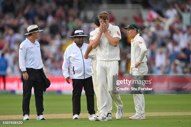 Cameron Green of Australia reacts after the Ben Duckett of England wicket was overturned by the Third Umpire Marais Erasmus as not out during Day...