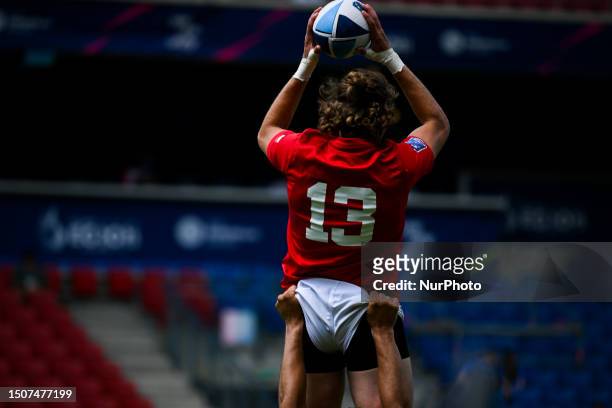 Matyas Hopp of Czechia in action during the rugby 7 match Czechia vs. Belgium at Henryk Reyman Stadium for the III European Games on June 26, 2023 in...