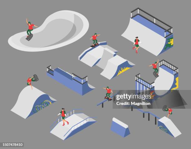 skate park isometric vector set - sports ramp stock illustrations