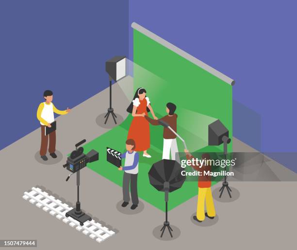 ilustrações de stock, clip art, desenhos animados e ícones de professional film studio with green screen, isometric vector - montagem de filme estúdio de cinema