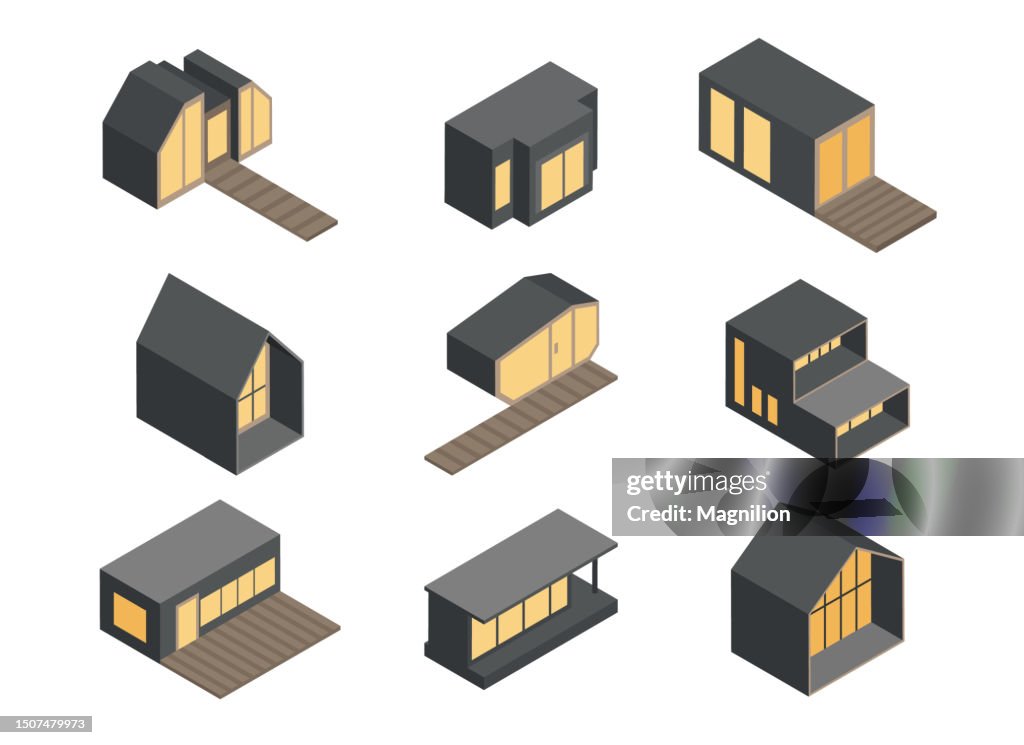 Black Modular Houses Isometric Vector Set