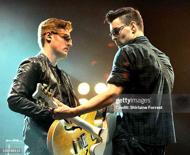 Liam Fray and Daniel 'Conan' Moores of The Courteeners perform on day two of Leeds Festival at Bramham Park on August 25, 2012 in Leeds, England.