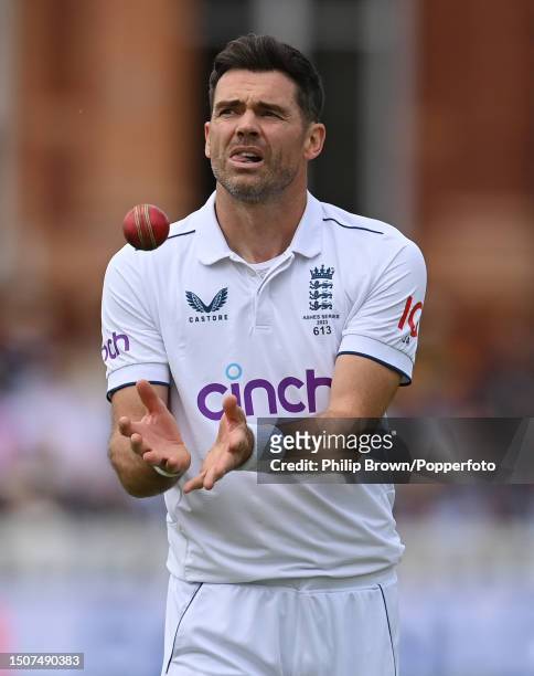 James Anderson of England catches the ball during the fourth day of the 2nd Test match between England and Australia at Lord's Cricket Ground on July...