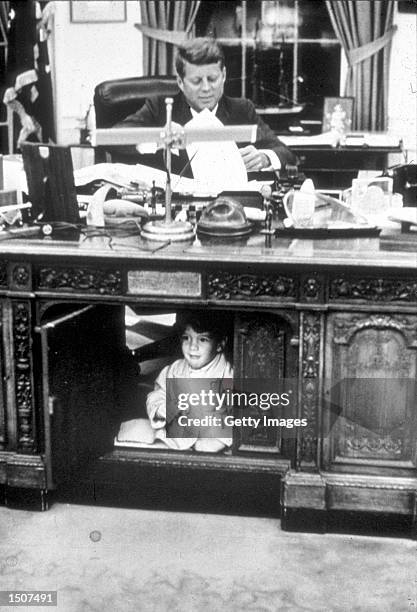 John Kennedy Jr. Playing in the Oval Office at the White House, Washington, DC, October 15, 1963.