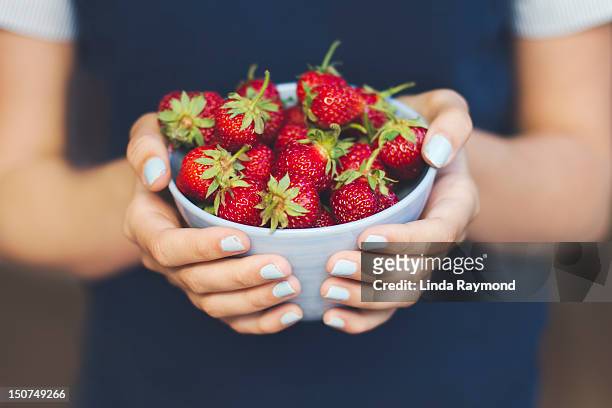 hands holding bowl of strawberries - fruit bowl stock pictures, royalty-free photos & images