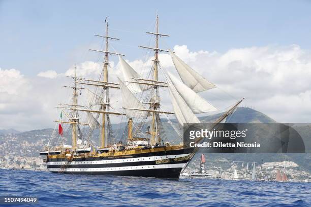 The historic training ship of the Italian Navy, Amerigo Vespucci, during its departure from the port of Genoa to embark on its around-the-world...