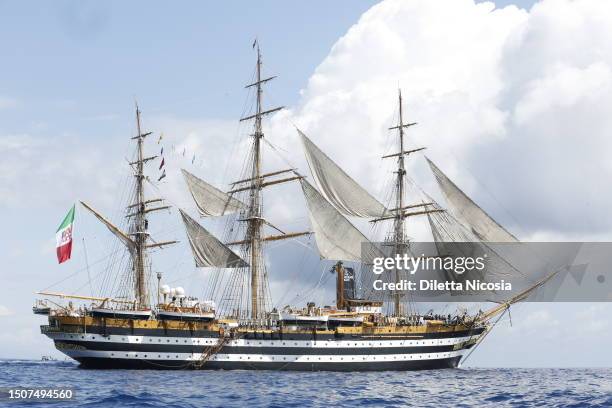 The historic training ship of the Italian Navy, Amerigo Vespucci, during its departure from the port of Genoa to embark on its around-the-world...