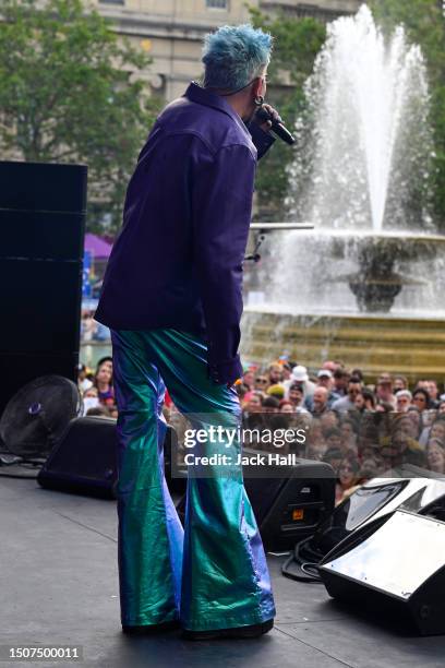 Adam Lambert performs on the Trafalgar Square Stage on July 01, 2023 in London, England. Pride in London is an annual LGBT+ festival and parade held...