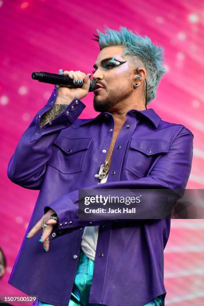 Adam Lambert performs on the Trafalgar Square Stage on July 01, 2023 in London, England. Pride in London is an annual LGBT+ festival and parade held...