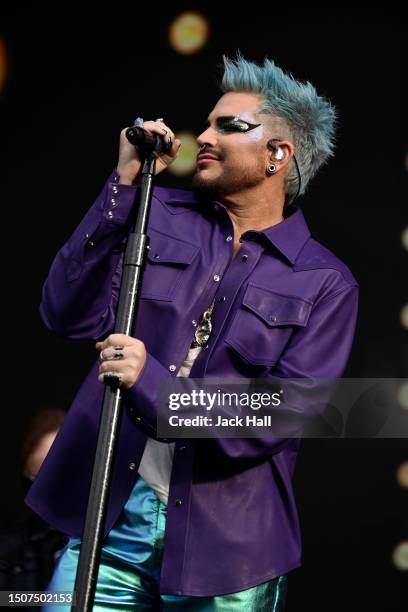 Adam Lambert performs on the Trafalgar Square Stage on July 01, 2023 in London, England. Pride in London is an annual LGBT+ festival and parade held...